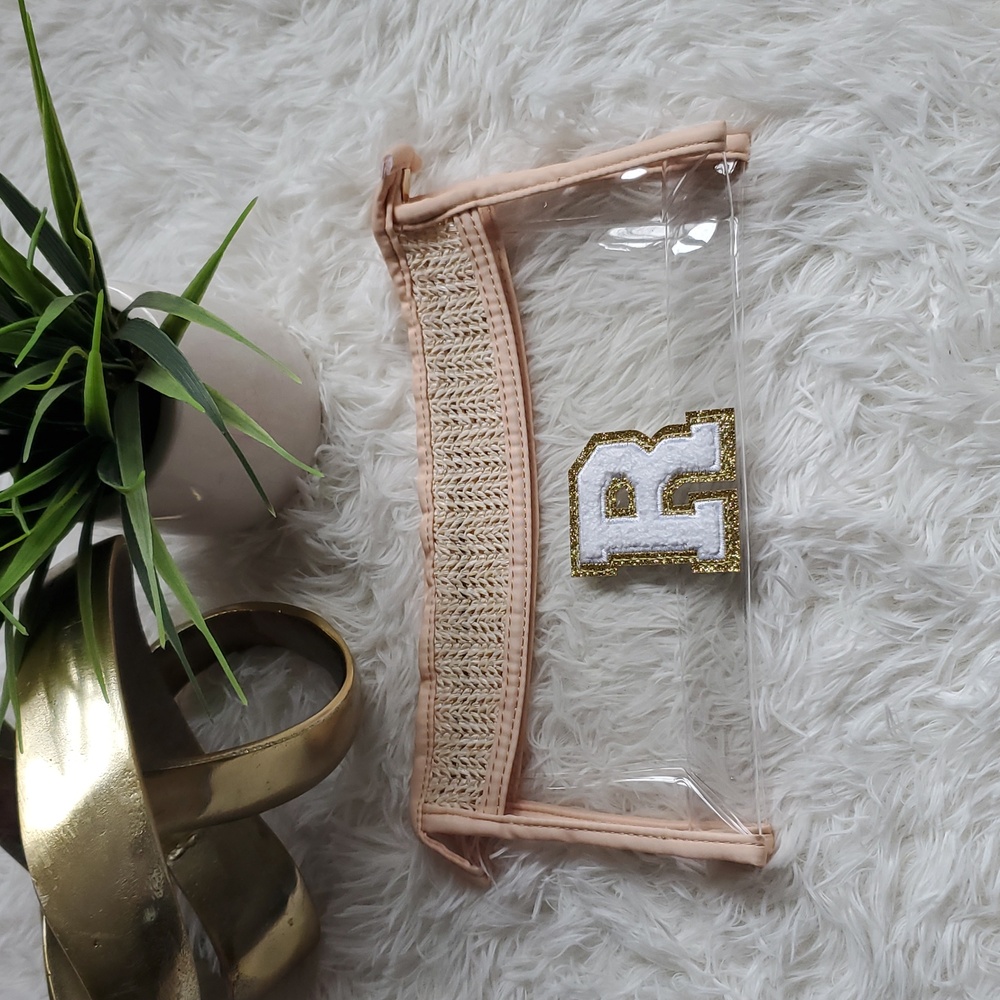 2/$15 - Letter "R" Clear Clutch Makeup Cosmetic Bag Gold White Peach